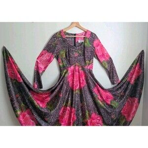 Vtg 70s Gypsy Rose Lace Floral Print Midi Dress Full Circle Skirt Dance 6 8